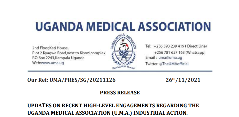 UPDATES ON RECENT HIGH-LEVEL ENGAGEMENTS REGARDING THE UGANDA MEDICAL ASSOCIATION (U.M.A.) INDUSTRIAL ACTION. (November 26)
